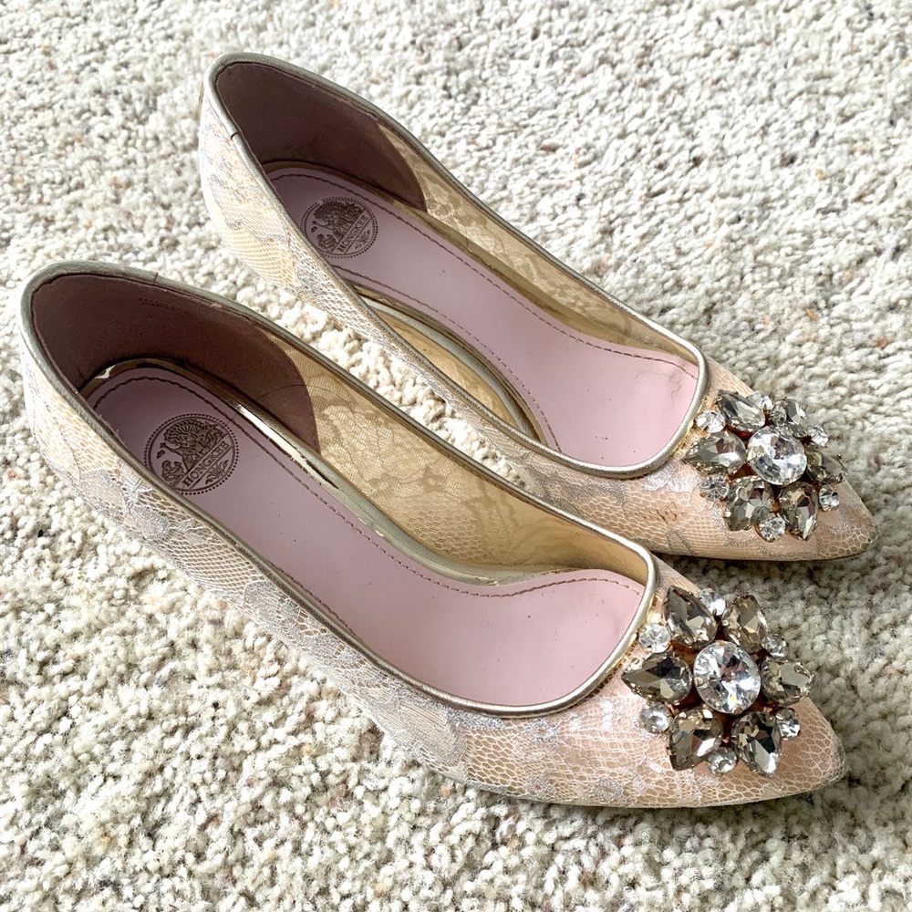 Hongkee Champagne Gold Heels w/ Crystal Ornaments